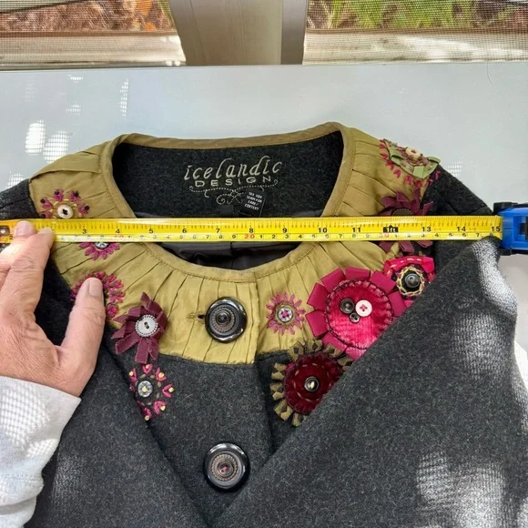 Icelandic Design Green Silk Appliqué Embroidered Lined Wool Jacket Women’s Sm - Picture 11 of 16